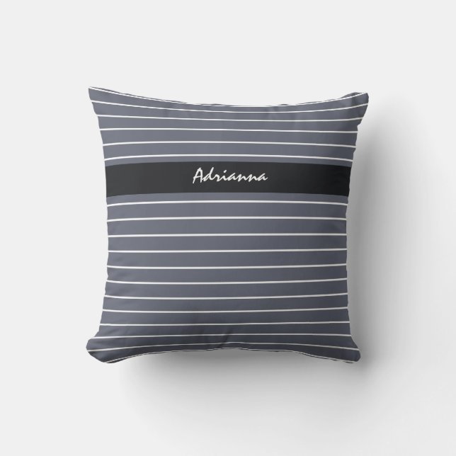 Modern Chic Dark Gray Thin Stripes With Name Throw Pillow (Front)