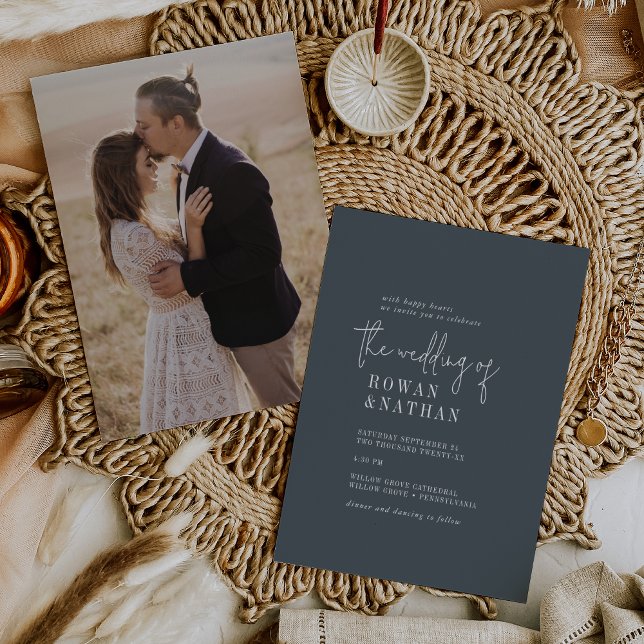 Modern Chic Dark Navy Blue Photo Back Wedding Invitation (Creator Uploaded)