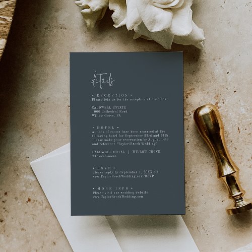 Modern Chic Dark Navy Blue Wedding Details Enclosure Card
