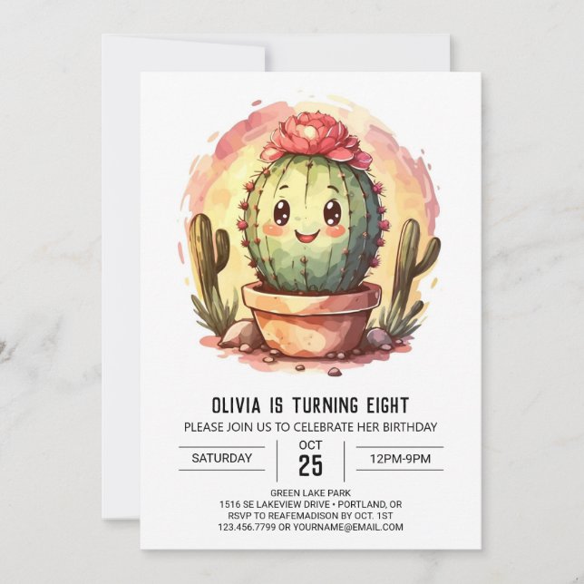 Modern Chic Desert Cactus Girl Birthday Invitation (Front)
