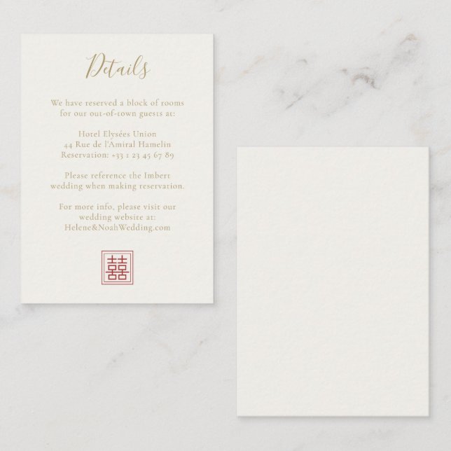 Modern Chic Double Happiness Ivory Gold Wedding    Enclosure Card (Front/Back)