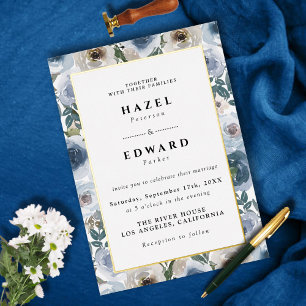 Modern Chic Dusty Blue Floral Watercolor Wedding Foil Invitation