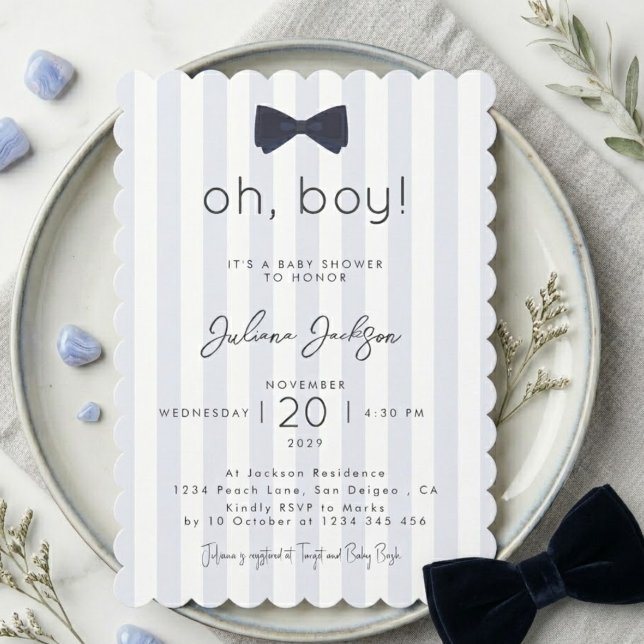 Modern Chic Dusty Blue Oh Boy Bow Baby Shower  Invitation (Creator Uploaded)