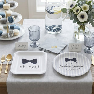 Modern Chic Dusty Blue Oh Boy Bow Baby Shower Paper Plates