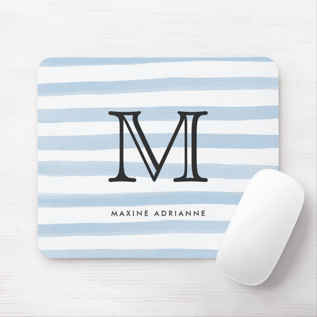 Modern Chic Dusty Blue Watercolor Stripes Monogram Mouse Pad (With Mouse)