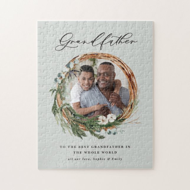 Modern chic elegant leafy wreath photo grandfather jigsaw puzzle (Vertical)