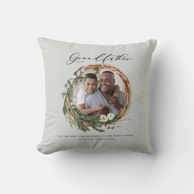 Modern chic elegant leafy wreath photo grandfather throw pillow (Front)