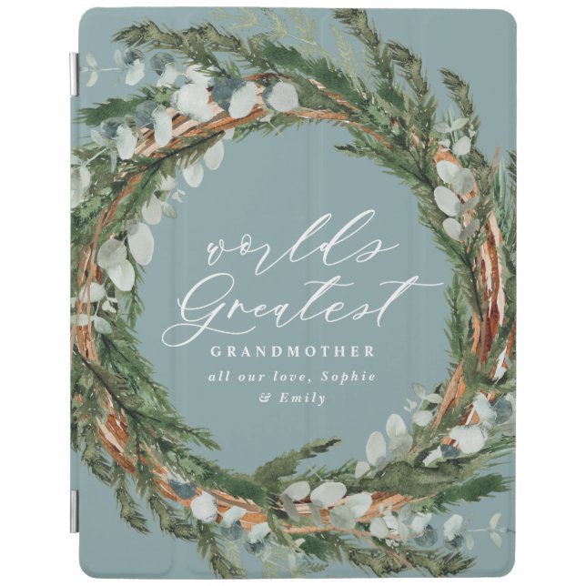 Modern chic elegant leafy wreath photo grandmother iPad smart cover (Front)