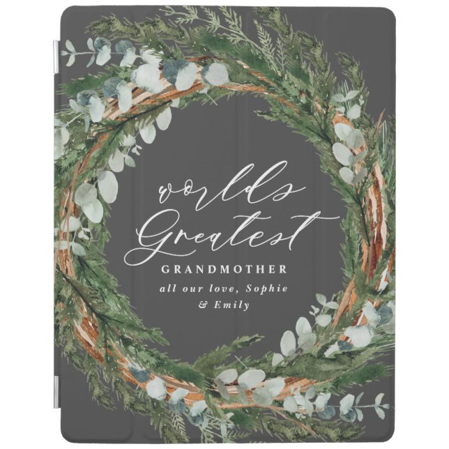 Modern chic elegant leafy wreath photo grandmother iPad smart cover (Front)