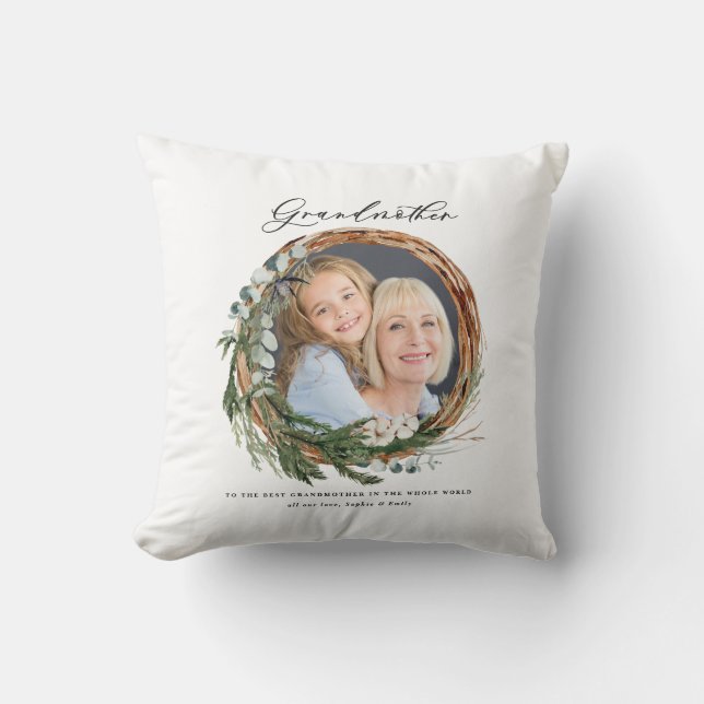 Modern chic elegant leafy wreath photo grandmother throw pillow (Front)