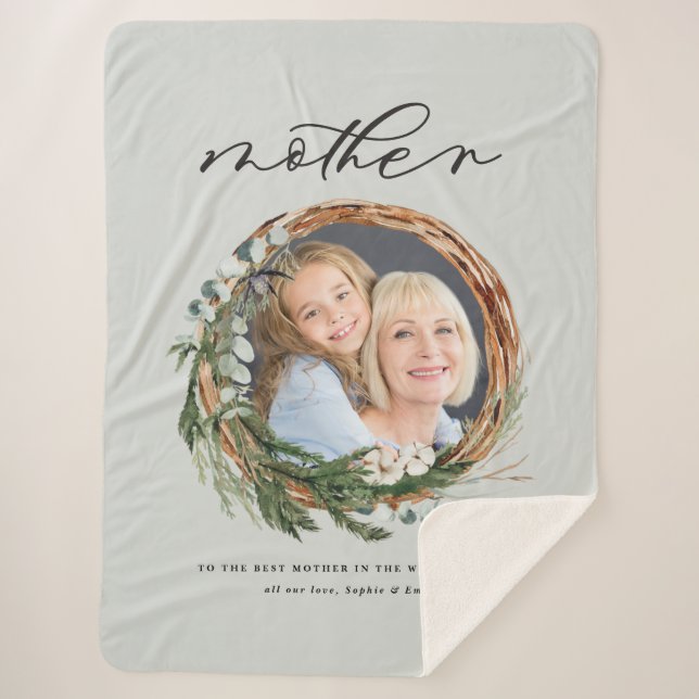 Modern chic elegant leafy wreath photo mother sherpa blanket (Front)
