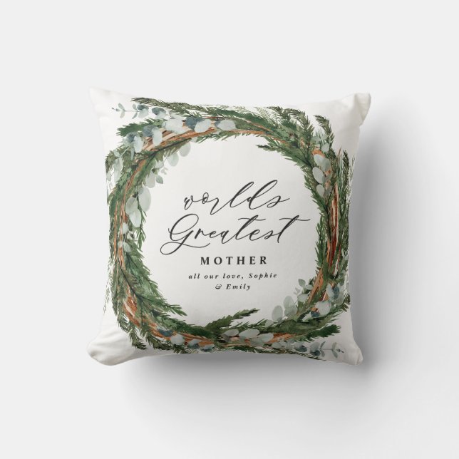 Modern chic elegant leafy wreath photo mother throw pillow (Front)