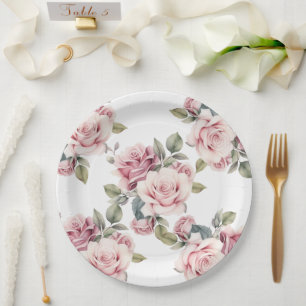 Modern Chic Elegant Romantic Pink Rose Wedding Paper Plates