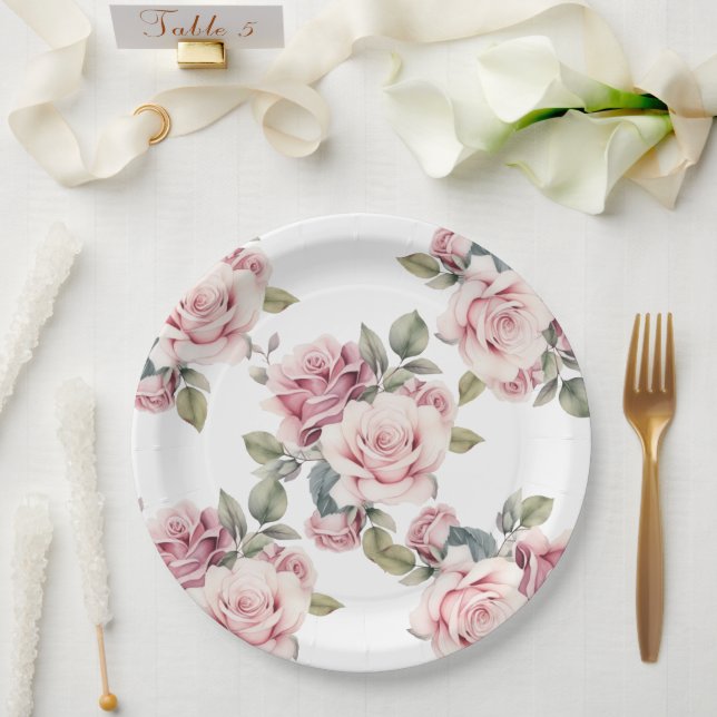 Modern Chic Elegant Romantic Pink Rose Wedding Paper Plates (Wedding)