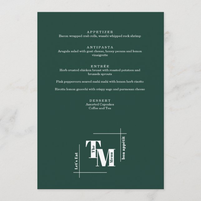 Modern Chic Emerald Green Boho Wedding Thank You Menu (Front)