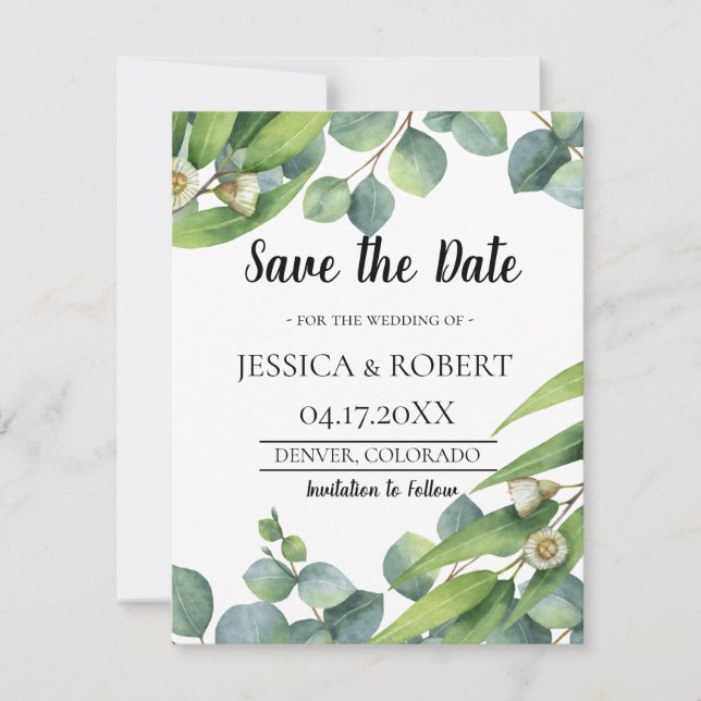 Modern Chic Eucalyptus Wedding Save the Date (Front)