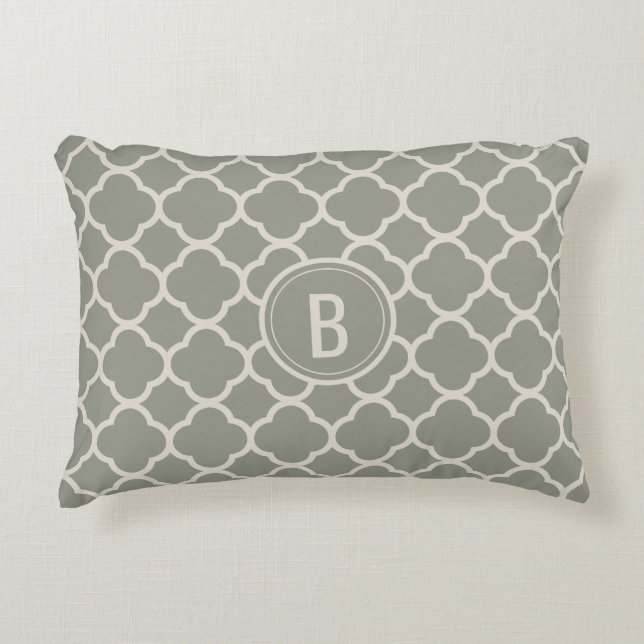 Modern Chic Evergreen Monogram Quatrefoil Pattern Accent Pillow (Front)
