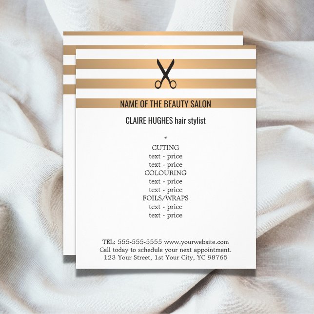 Modern Chic Faux Gold Stripes Hairstylist Menu Flyer (Creator Uploaded)