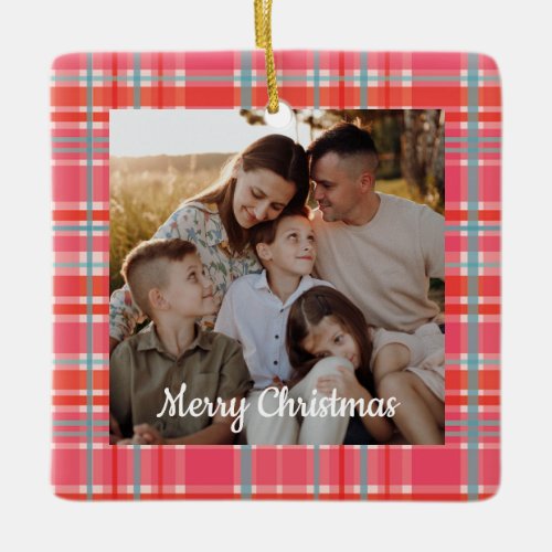 Modern chic festive check frame family photo ceramic ornament