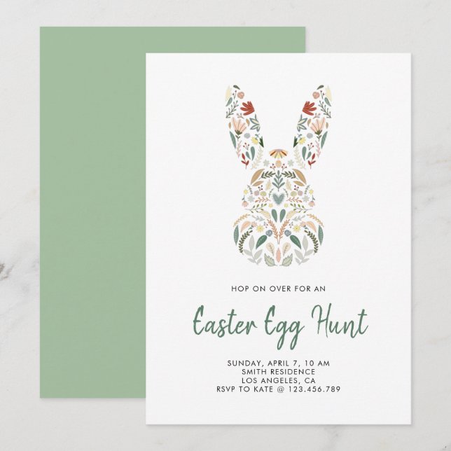 Modern Chic Floral Bunny Easter Egg Hunt Invitation (Front/Back)