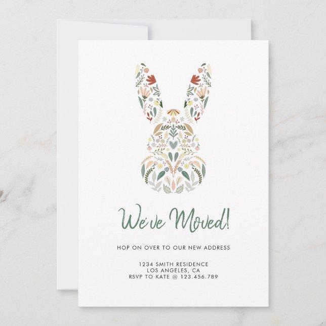 Modern Chic Floral Bunny Easter We’ve Moved Invitation (Front)