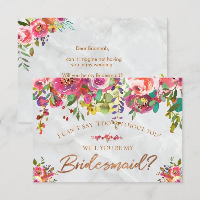 Modern Chic Floral Copper Foil Marble Bridesmaid Invitation (Front/Back)