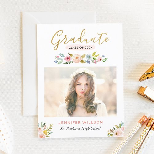 Modern Chic Floral Gold Graduate Graduation Party Card