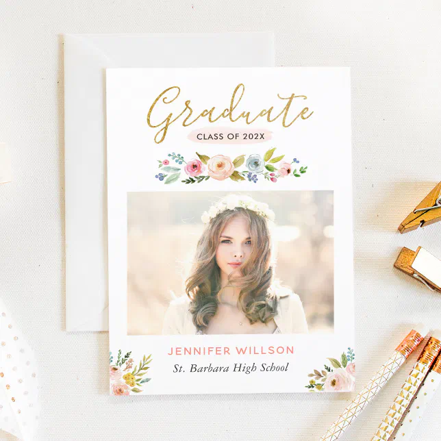 Modern Chic Floral Gold Graduate Graduation Party Invitation | Zazzle