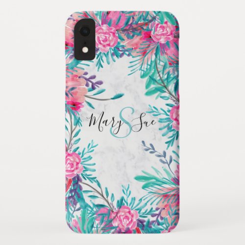 Modern chic floral pink watercolor marble monogram iPhone XR case