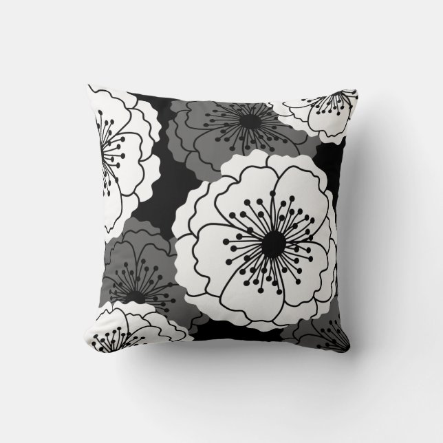 Modern Chic Flower Silhouettes | Black and White Throw Pillow (Front)