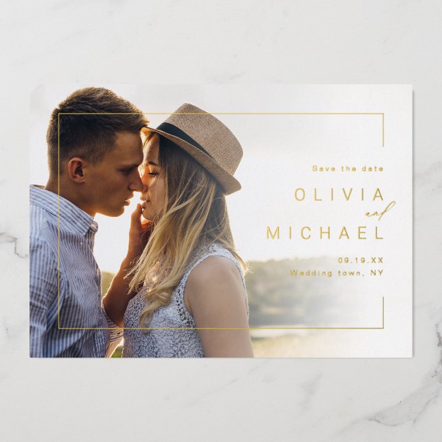 Modern chic frame minimalist photo save the date foil invitation (Front)