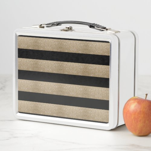 modern chic geometric black and gold stripes metal lunch box