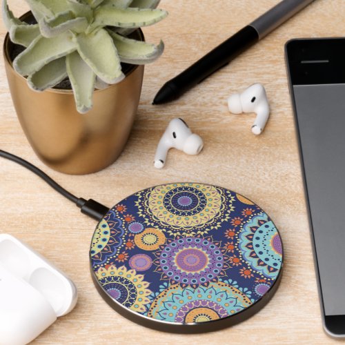 Modern Chic Geometrical Navy Blue Colorful Pattern Wireless Charger