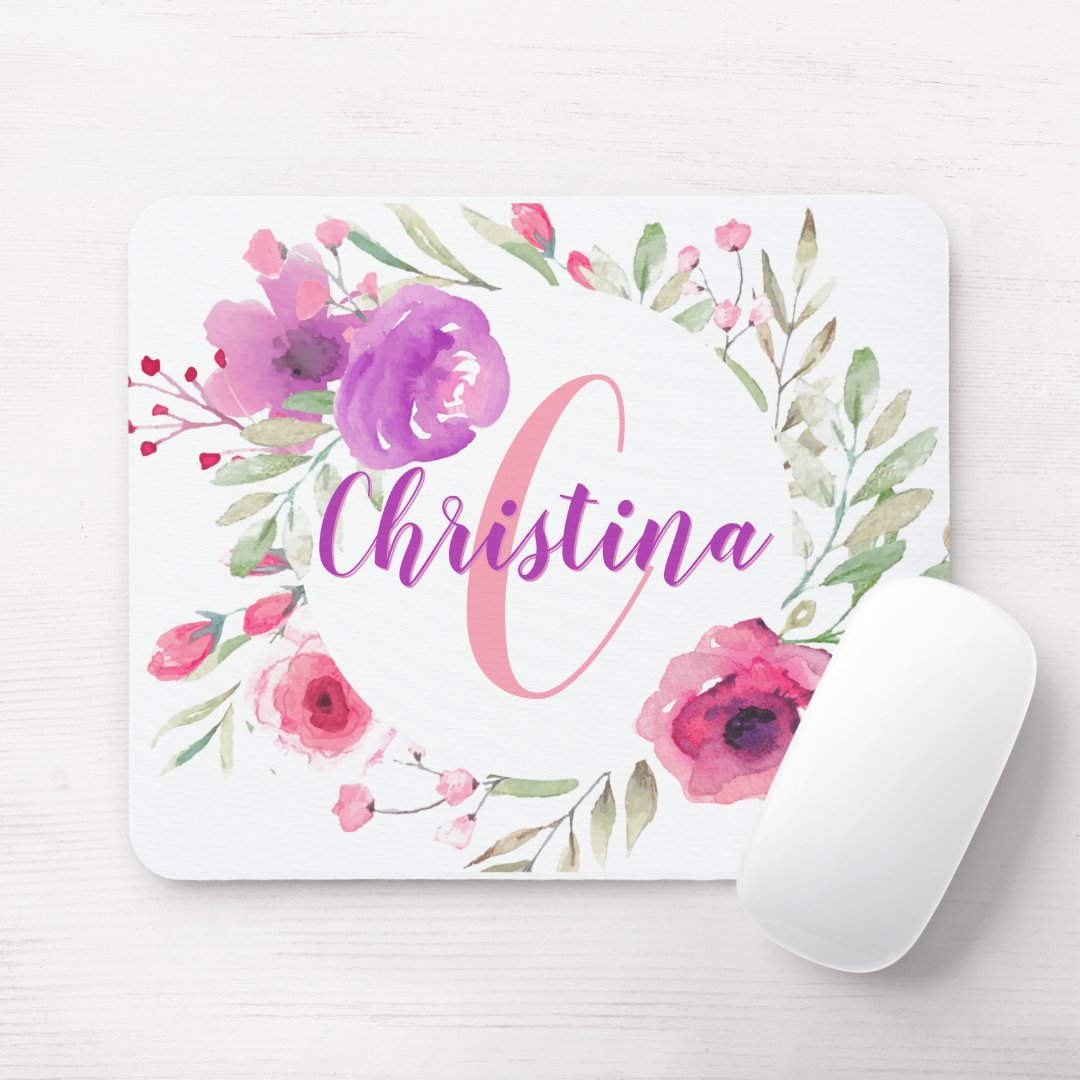 Modern Chic Girly Floral Pink Watercolor Monogram Mouse Pad | Zazzle