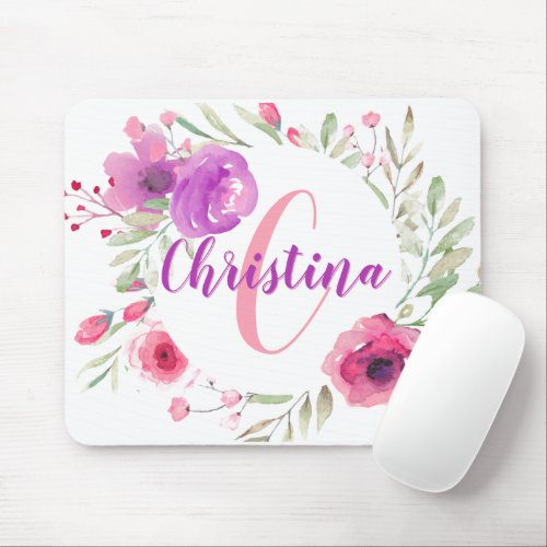 Modern Chic Girly Floral Pink Watercolor Monogram Mouse Pad