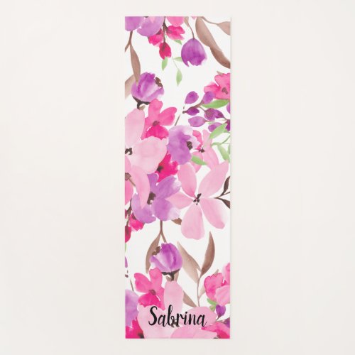 Modern chic girly pink floral watercolor name yoga mat