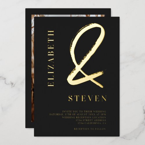 Modern chic gold ampersand names photo wedding foil invitation