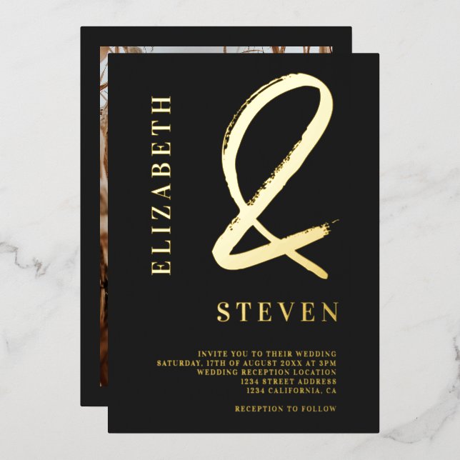Modern chic gold ampersand names photo wedding foil invitation (Front/Back)
