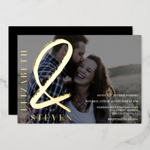 Modern chic gold ampersand names photo wedding foil invitation