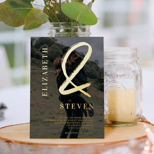 Modern chic gold ampersand names photo wedding foil invitation