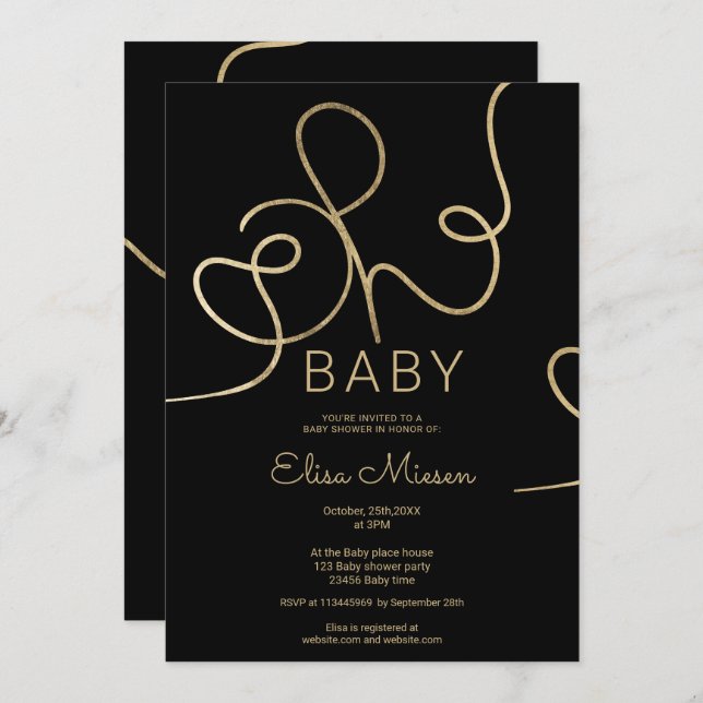 Modern chic gold black calligraphy Oh baby shower Invitation (Front/Back)