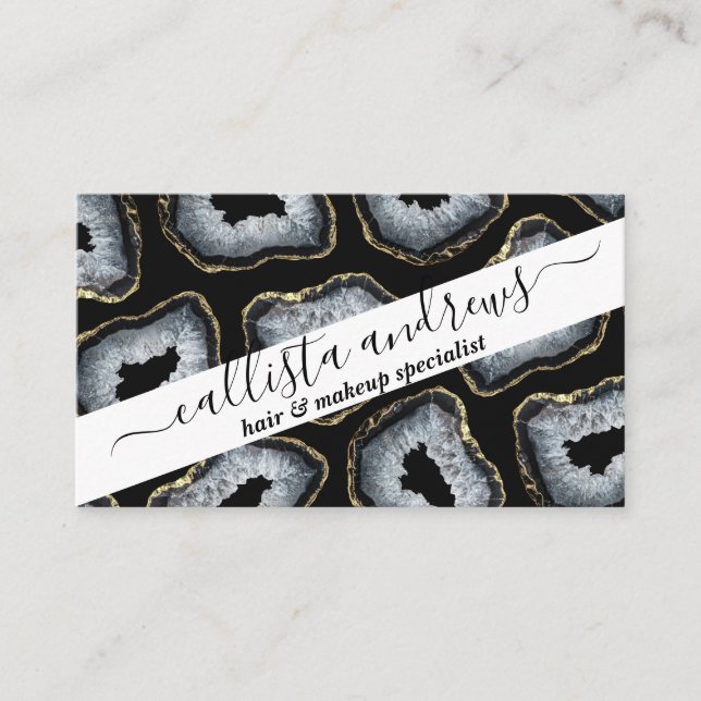 Modern Chic Gold Black White Agate Geode Stones Business Card (Front)