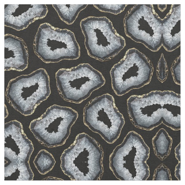 Modern Chic Gold Black White Agate Geode Stones Fabric (Close Up)