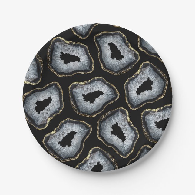 Modern Chic Gold Black White Agate Geode Stones Paper Plates (Front)