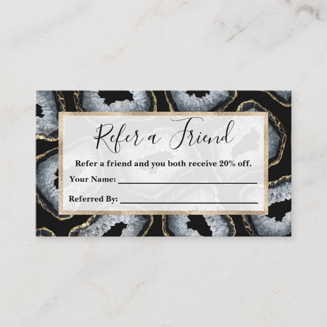Modern Chic Gold Black White Agate Geode Stones Referral Card (Front)