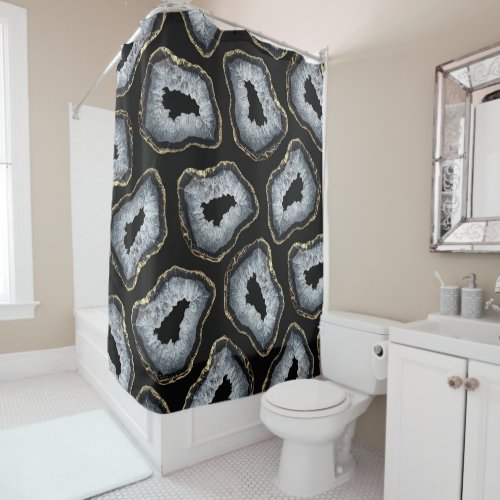 Modern Chic Gold Black White Agate Geode Stones Shower Curtain