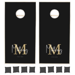 Modern Chic Gold Black White Monogram Family Name Cornhole Set