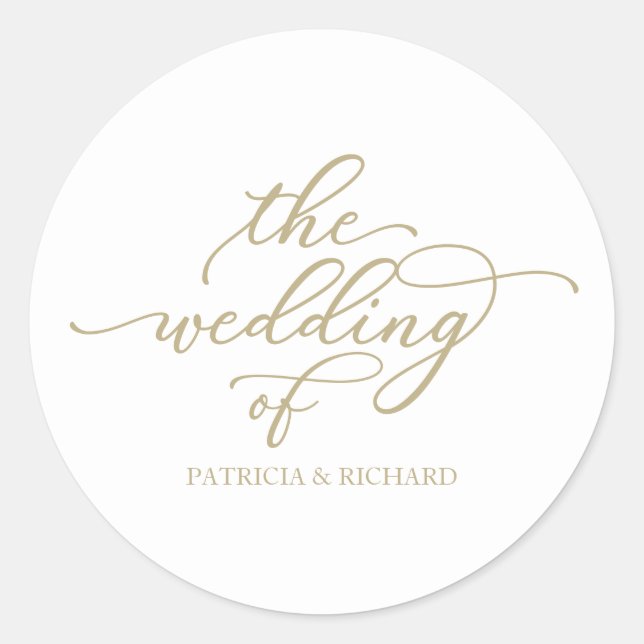 Modern Chic Gold Calligraphy The Wedding Of  Classic Round Sticker (Front)