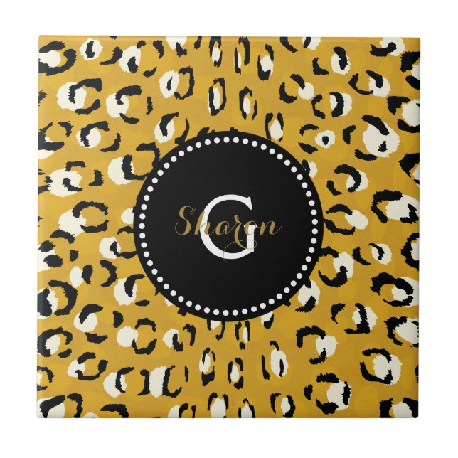 Modern chic gold cheetah print pattern monogram ceramic tile (Front)
