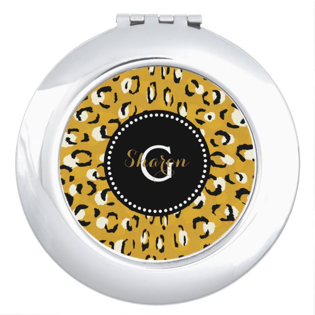 Modern chic gold cheetah print pattern monogram compact mirror (Front)